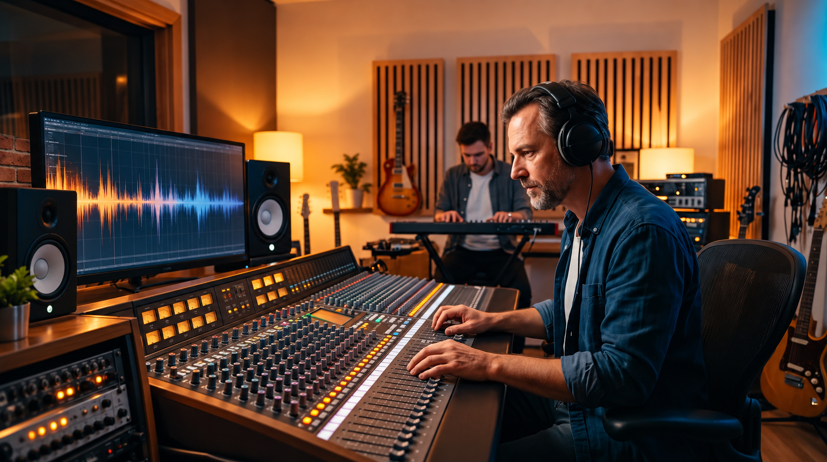 Studiomotiv: Musikproduzent mit Kopfhörern am Mischpult, im Hintergrund ein Musiker am Keyboard.